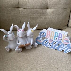 Easter Bunny Figurine Set with Happy Easter Sign